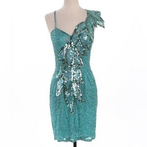 Vintage Women Green Sequin Prom Dress with Leaves Sequin Deatils | Small